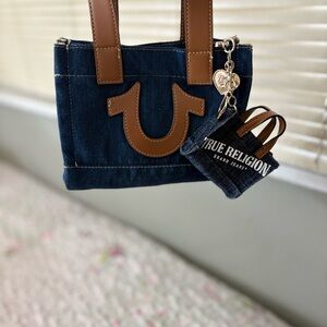 True Religion Navy Denim Tote with Brown Leather Trim